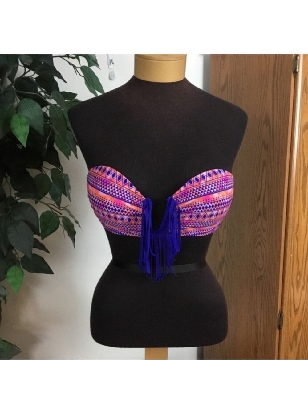 Women’s Bongo Bandeau Bikini Top Medium Blue Pink Orange (One Strap Missing)